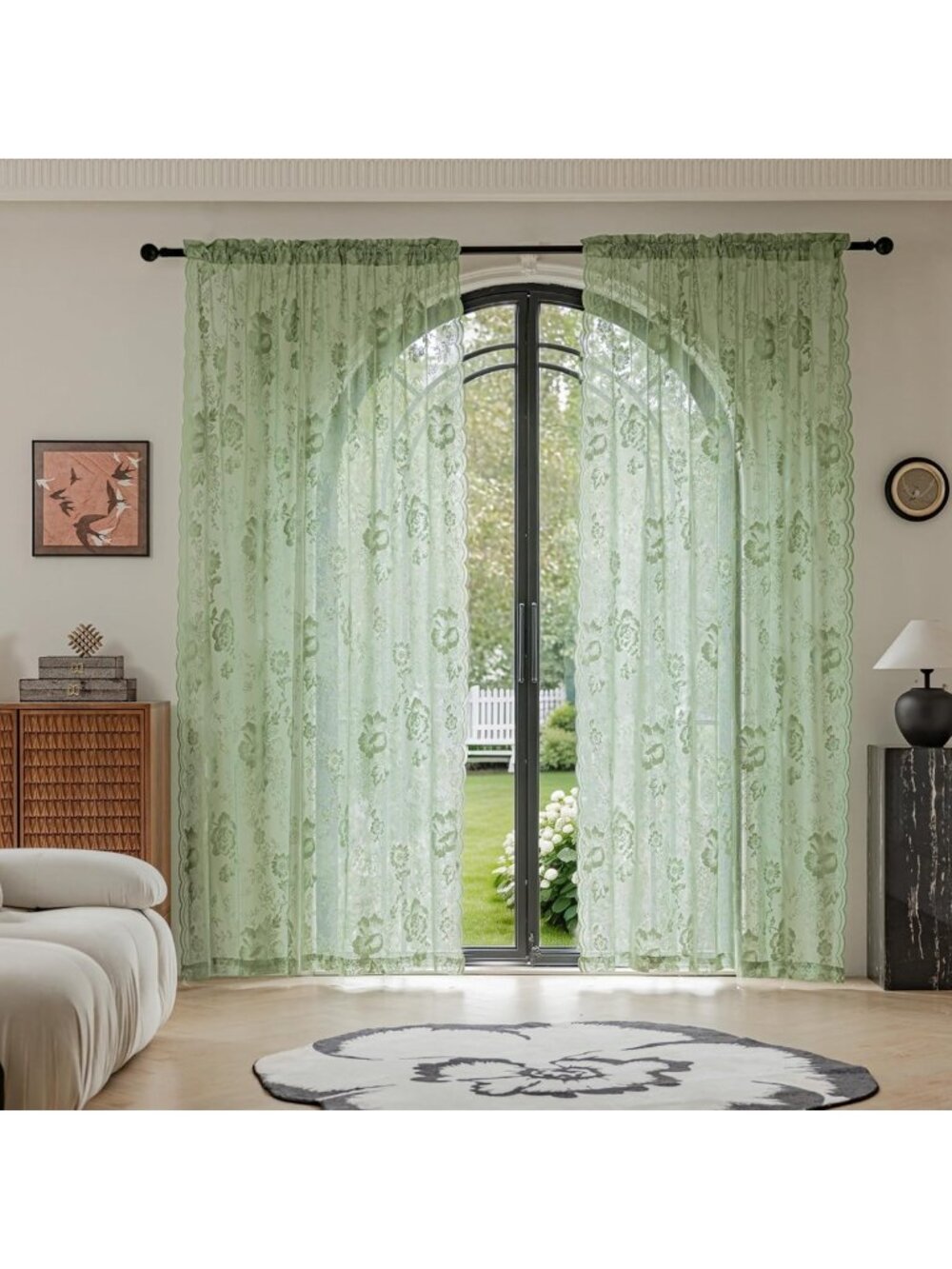 Sage Green Vintage Floral Lace Curtains - 84" Sheer Drapes, 2 Panels for Home